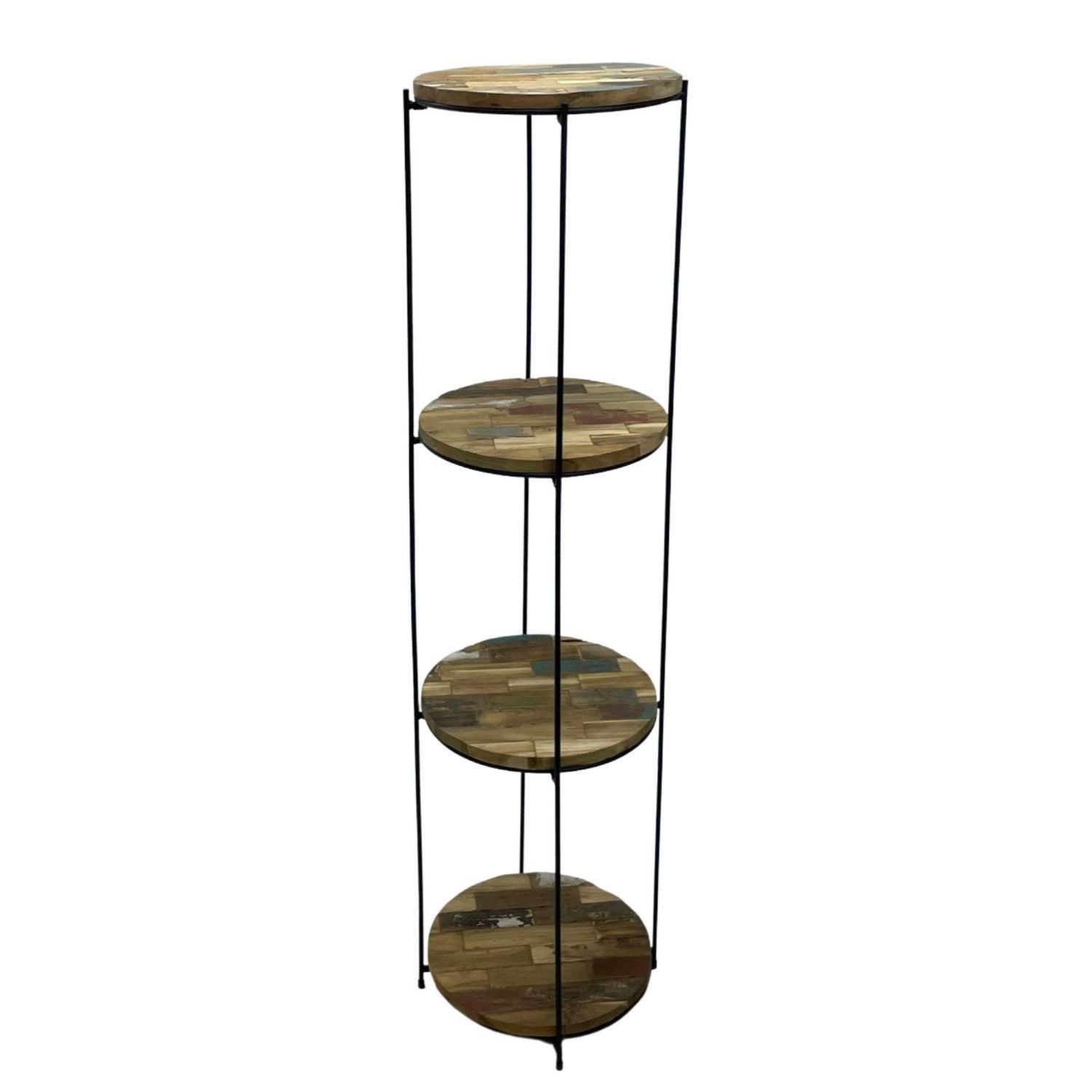 Industrial Circular Recycled Wood 4 Tier Display Shelf with Steel Frame