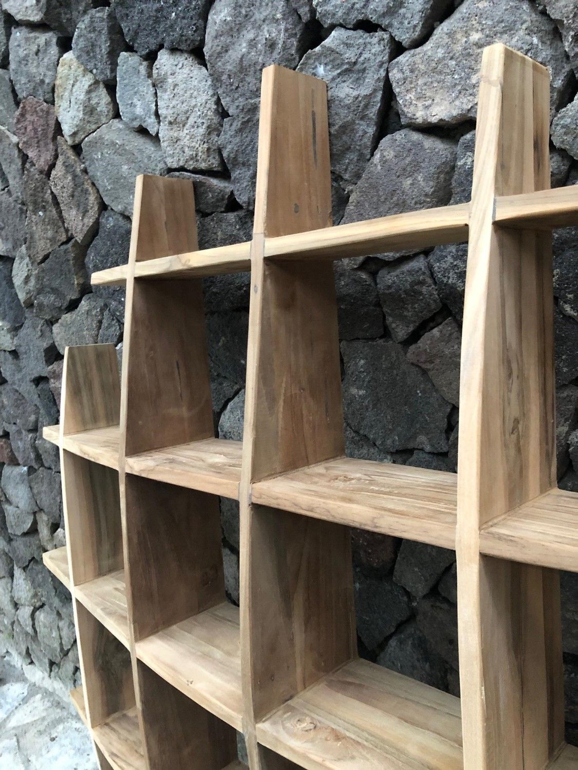 Natural Teak Wood Square Wall Rack with Multi Cubed Display Shelves - Home Furniture Interiors