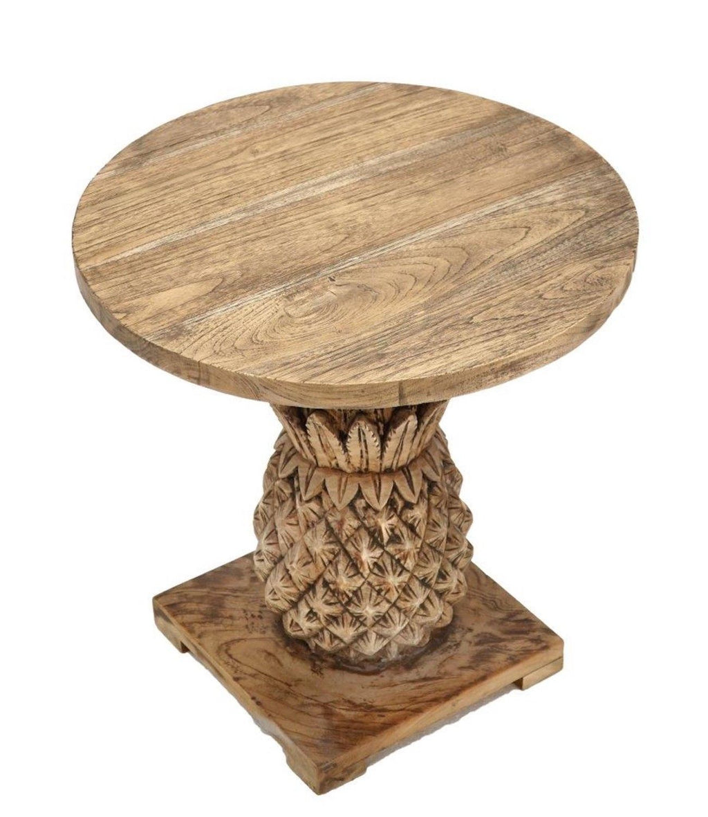 Artisan Round Mindi Wood Lamp Table with Carved Pineapple Pedestal