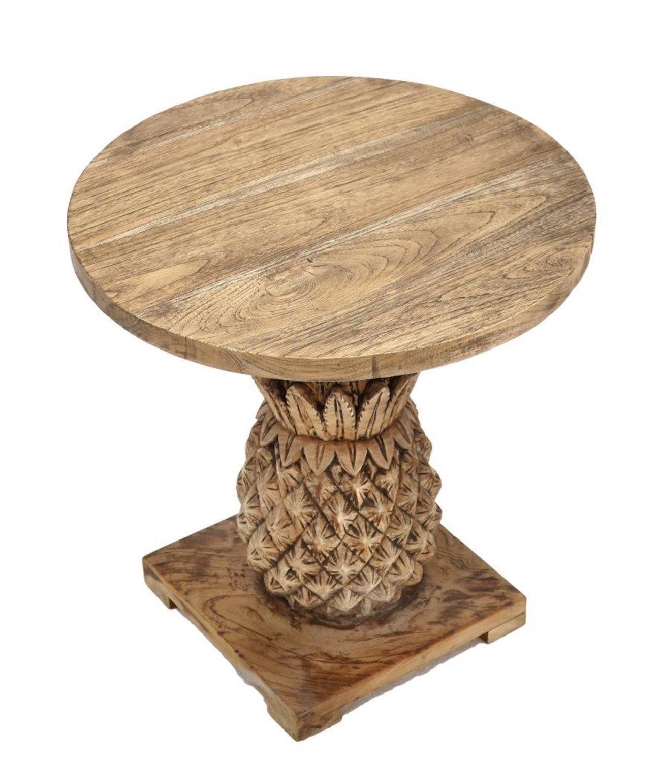 Artisan Round Mindi Wood Lamp Table with Carved Pineapple Pedestal