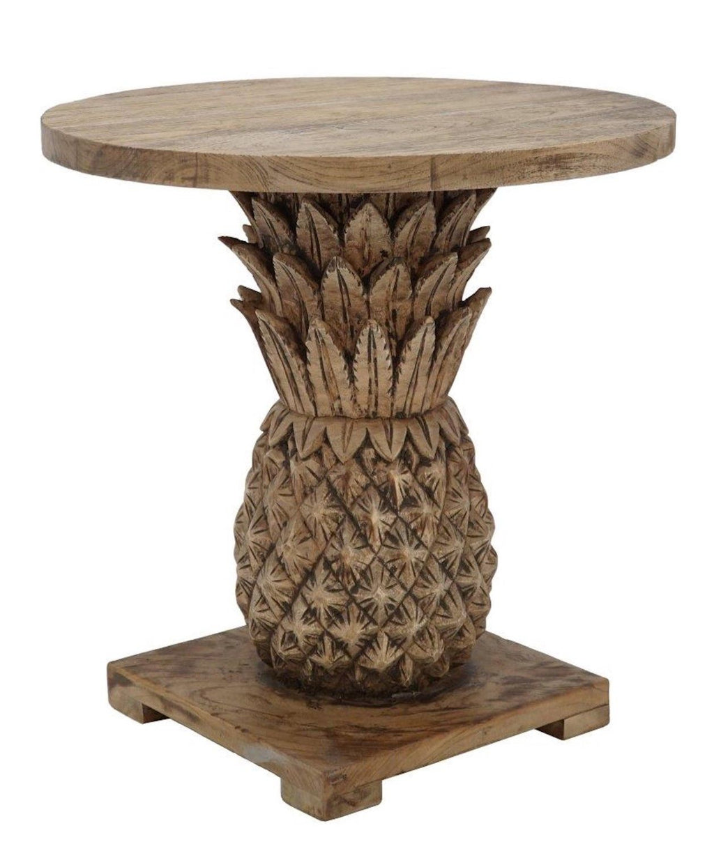 Artisan Round Mindi Wood Lamp Table with Carved Pineapple Pedestal - Home Furniture Interiors