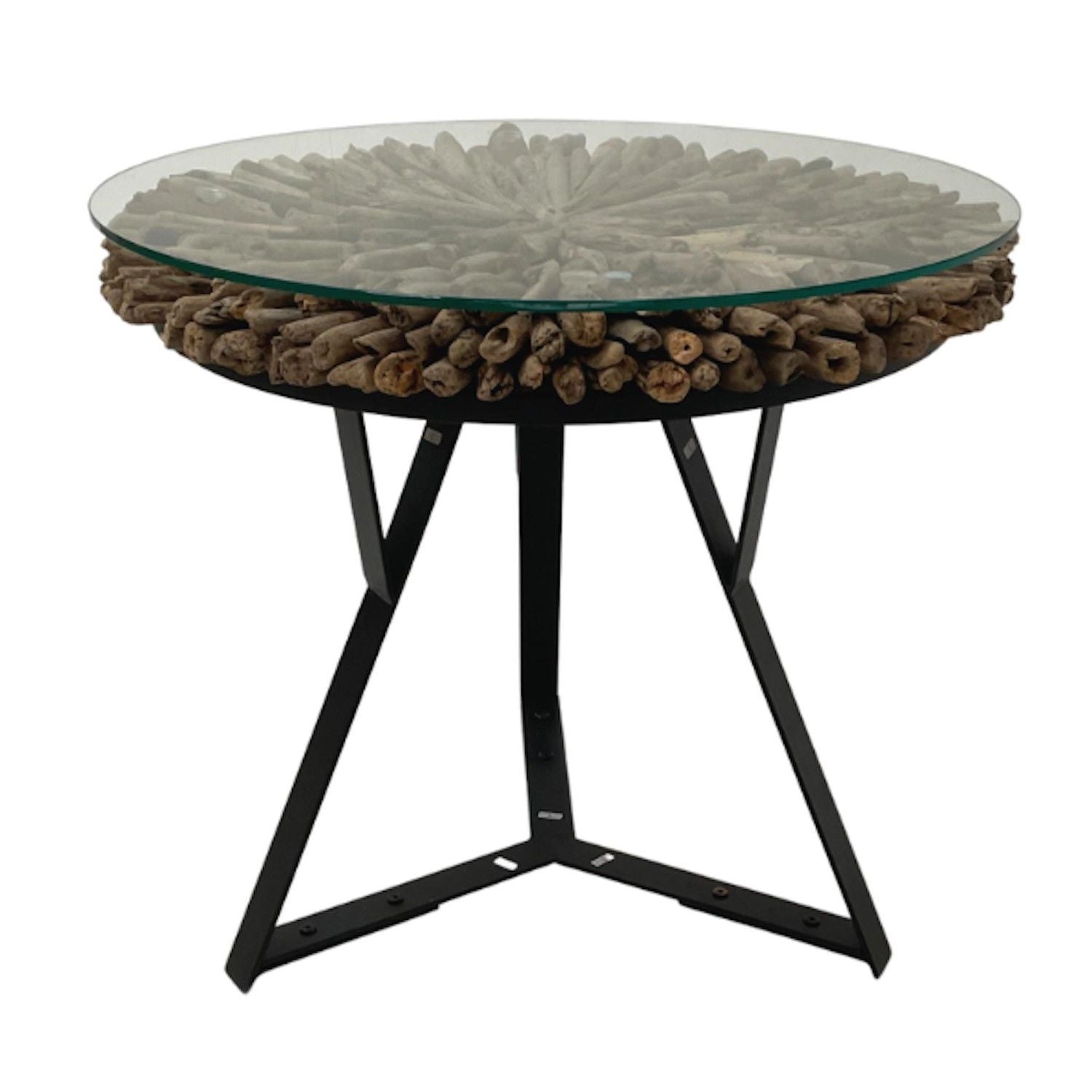 Boho Chic Round Driftwood Glass Top Lamp Table with Steel Base