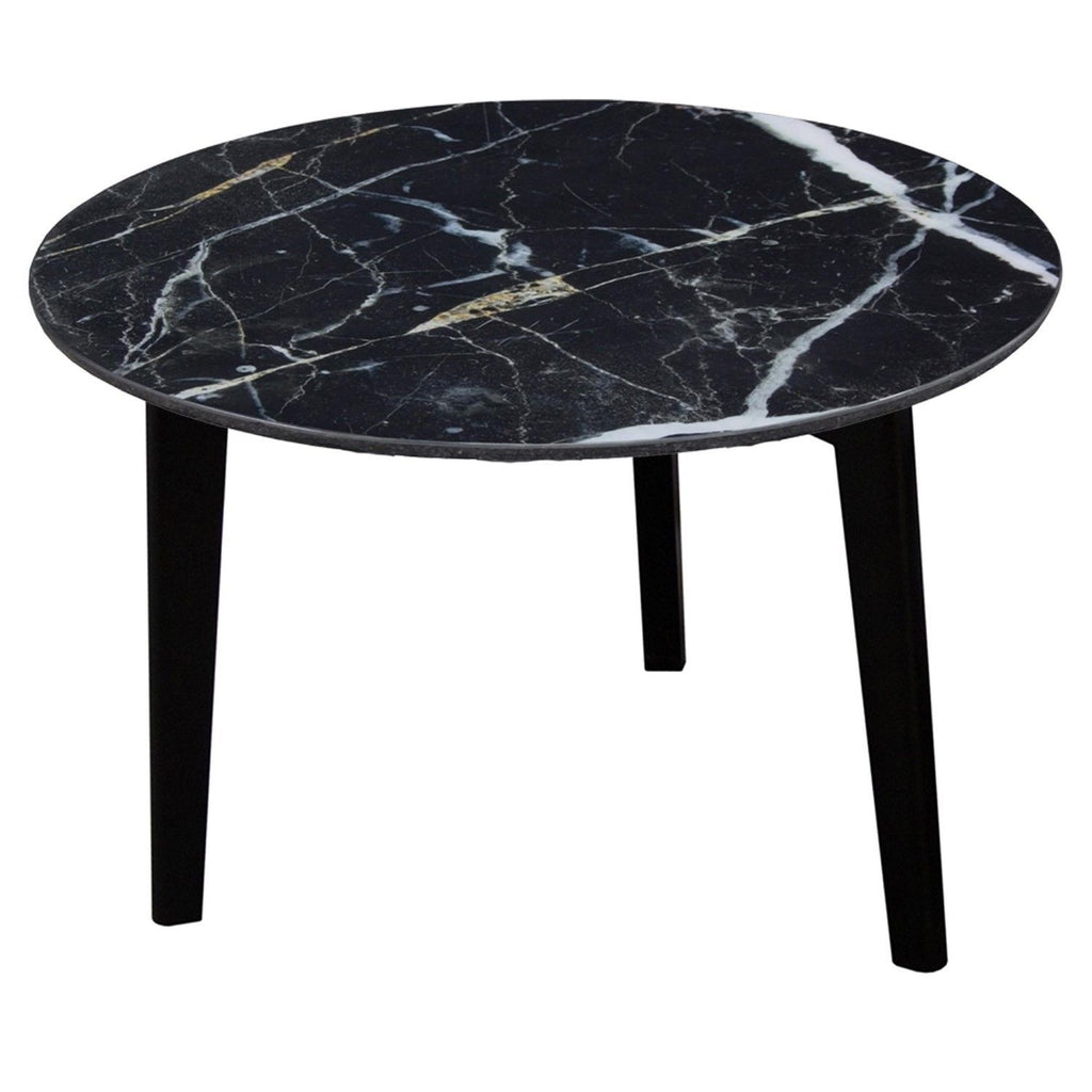 Modern Black Marble Print Round Large Side Lamp Table with Mindi Wood Base