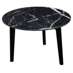 Modern Black Marble Print Round Large Side Lamp Table with Mindi Wood Base