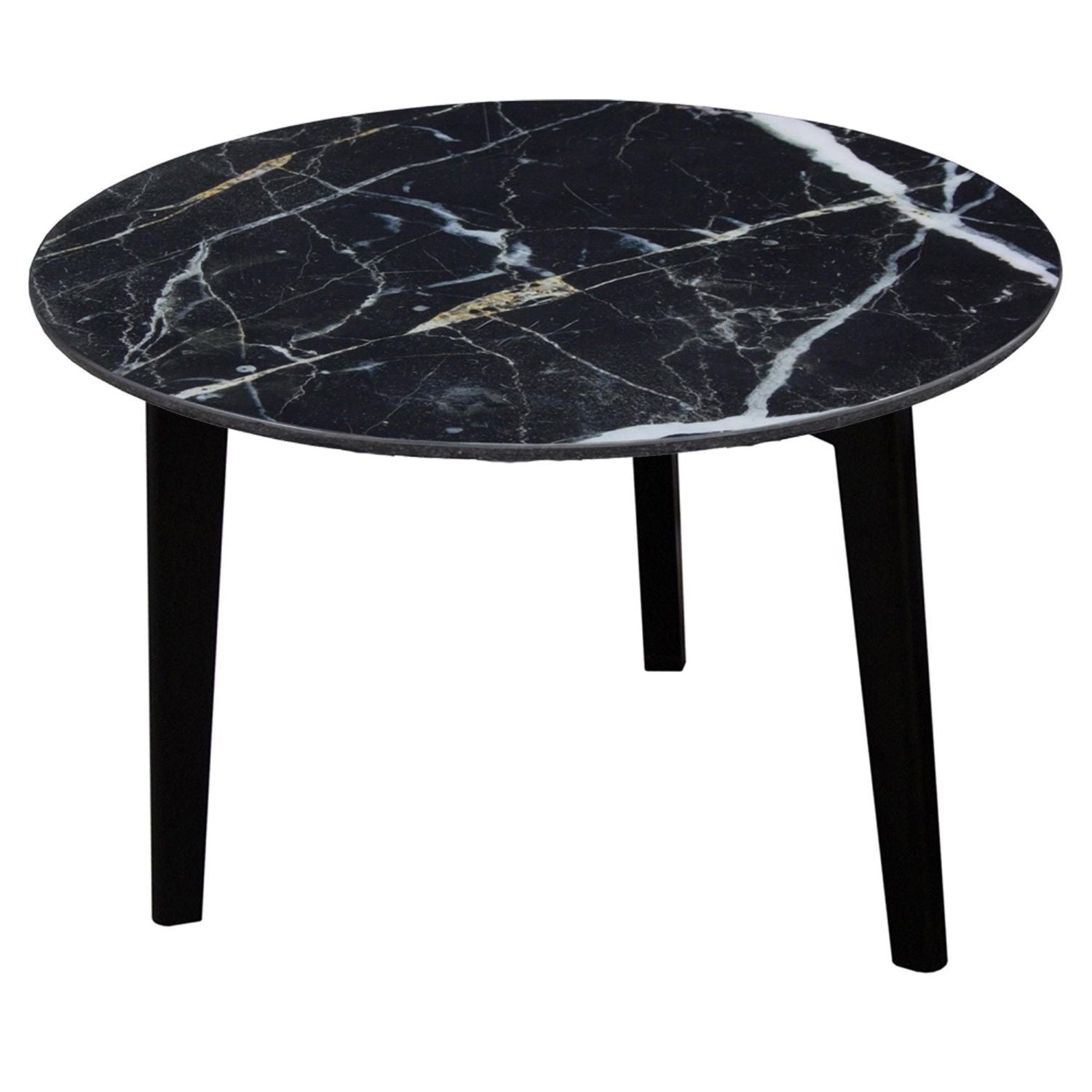 Modern Black Marble Print Round Large Side Lamp Table with Mindi Wood Base