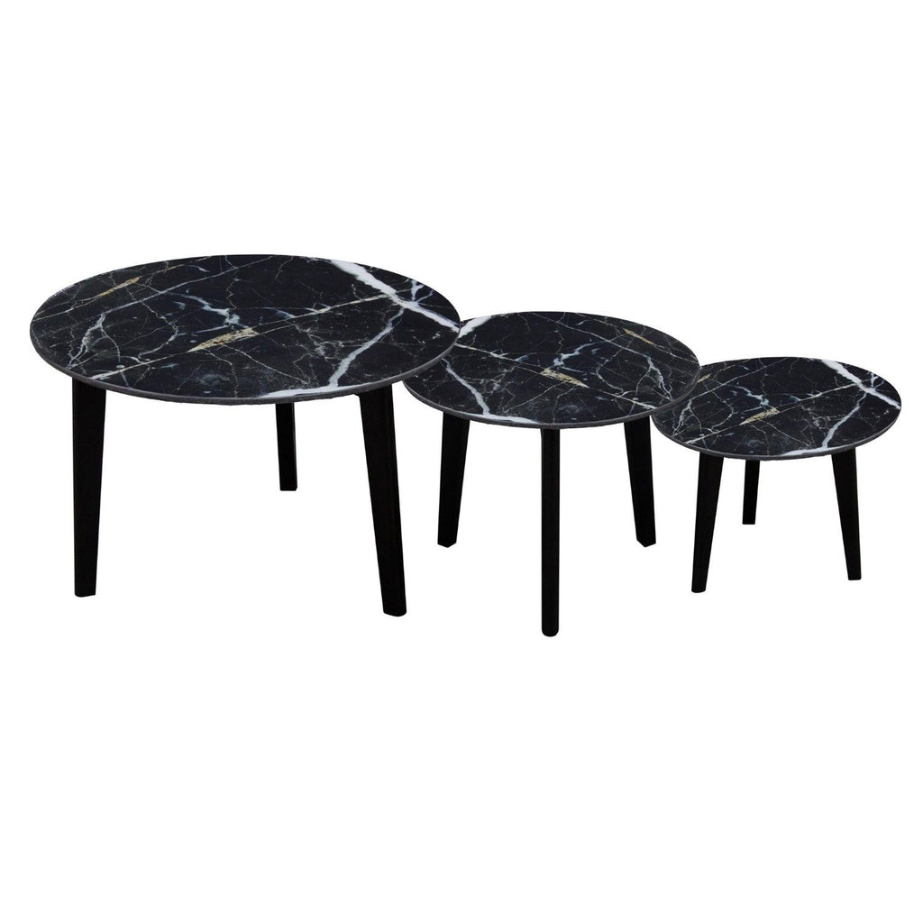 Modern Black Marble Print Round Large Side Lamp Table with Mindi Wood Base - Home Furniture Interiors