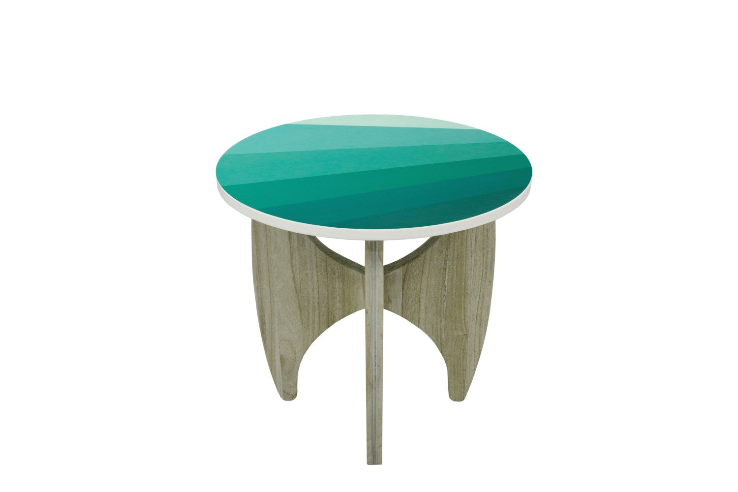 Modern Blue Resin Top Round Lamp Table with Mindi Wood Batwing Base