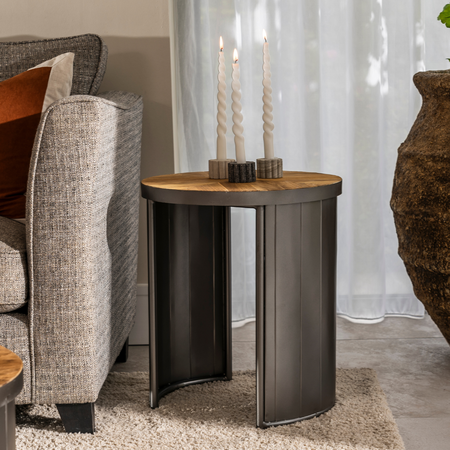 Modern Dark Grey Metal and Recycled Wood Round Lamp Table with Pleated Base
