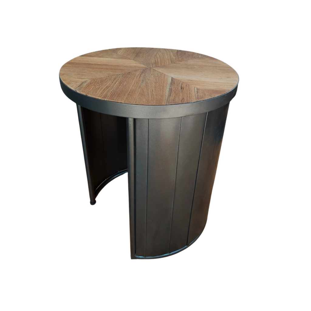 Modern Dark Grey Metal and Recycled Wood Round Lamp Table with Pleated Base - Home Furniture Interiors