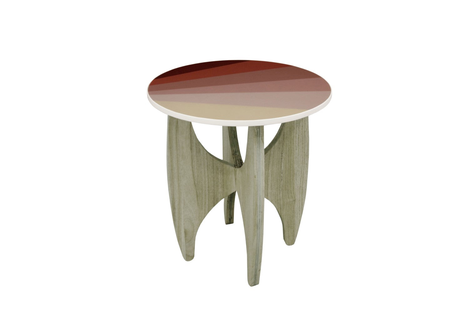 Modern Pink Resin Top Round Lamp Table with Mindi Wood Batwing Base