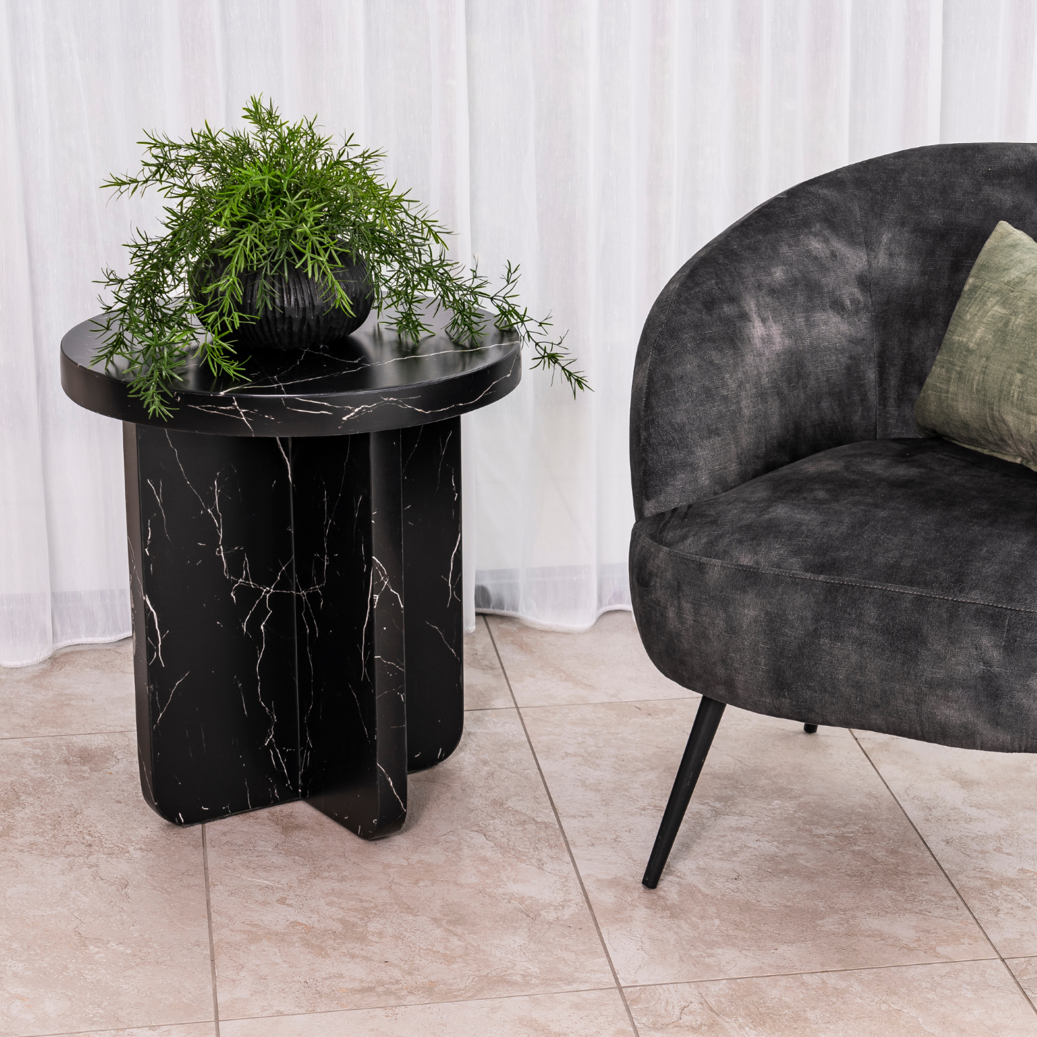 Modern Round Matt Black Lamp Table with Contemporary Sculpted Base - Home Furniture Interiors