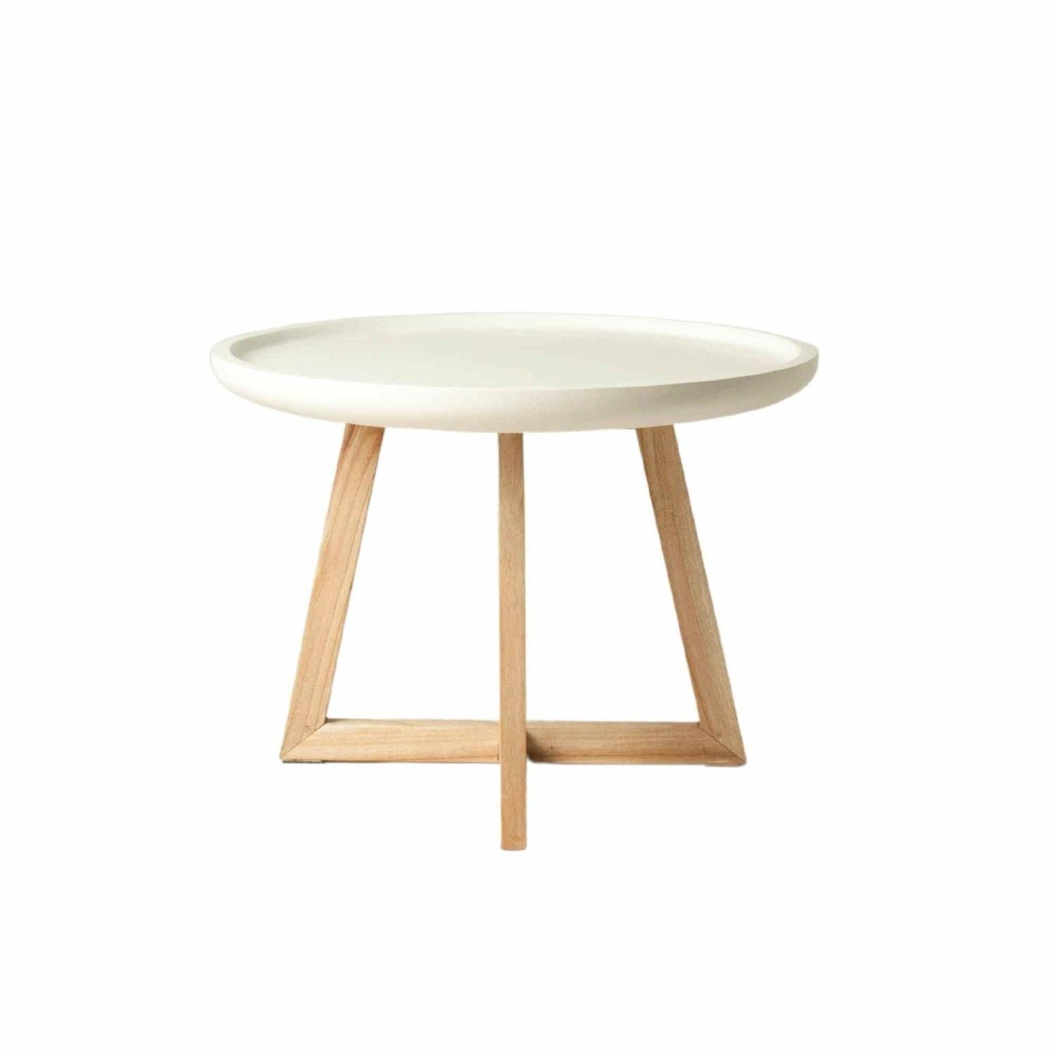 Modern White and Natural Round Lamp Table with Smooth Polymer Concrete Top