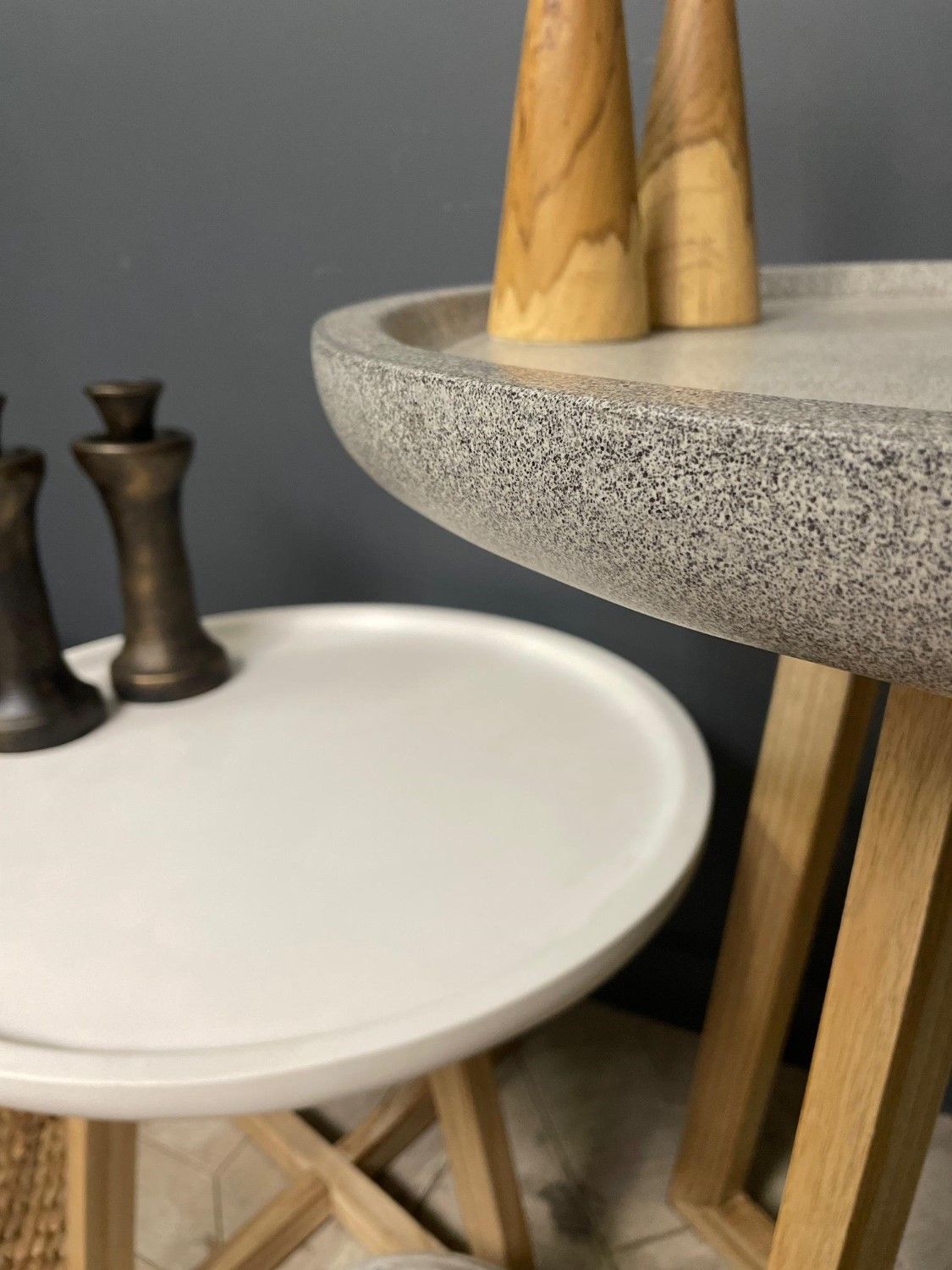 Modern White and Natural Round Lamp Table with Smooth Polymer Concrete Top - Home Furniture Interiors
