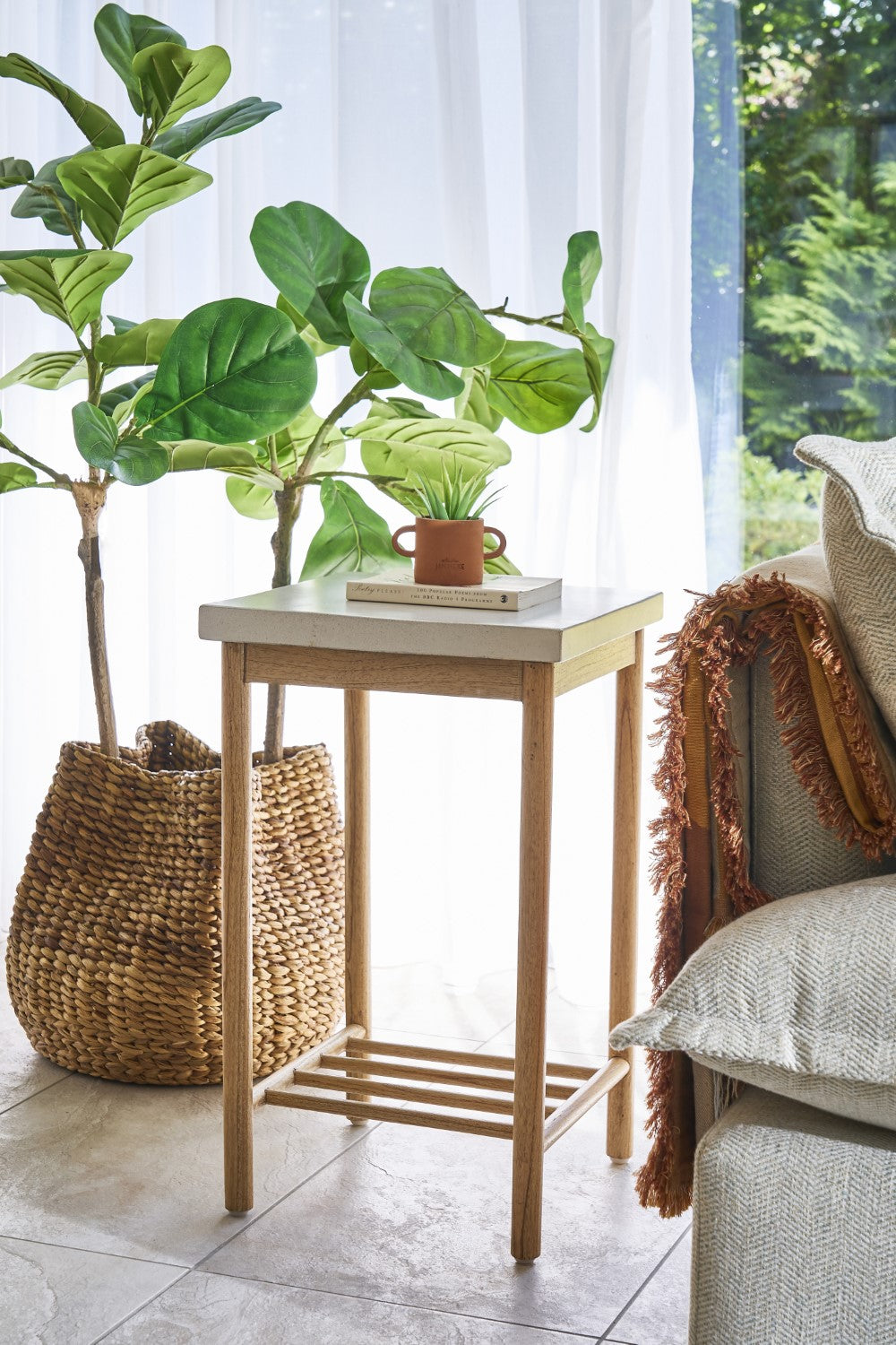 Modern Wood White Square Top Side Lamp Table with Lower Rack - Home Furniture Interiors