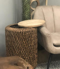 Natural Banana Rope Round Lamp Table with Mindi Wood Top - Home Furniture Interiors