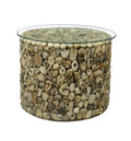 Natural Driftwood Round Lamp Table with Glass Top Drum Design