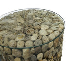 Natural Driftwood Round Lamp Table with Glass Top Drum Design - Home Furniture Interiors
