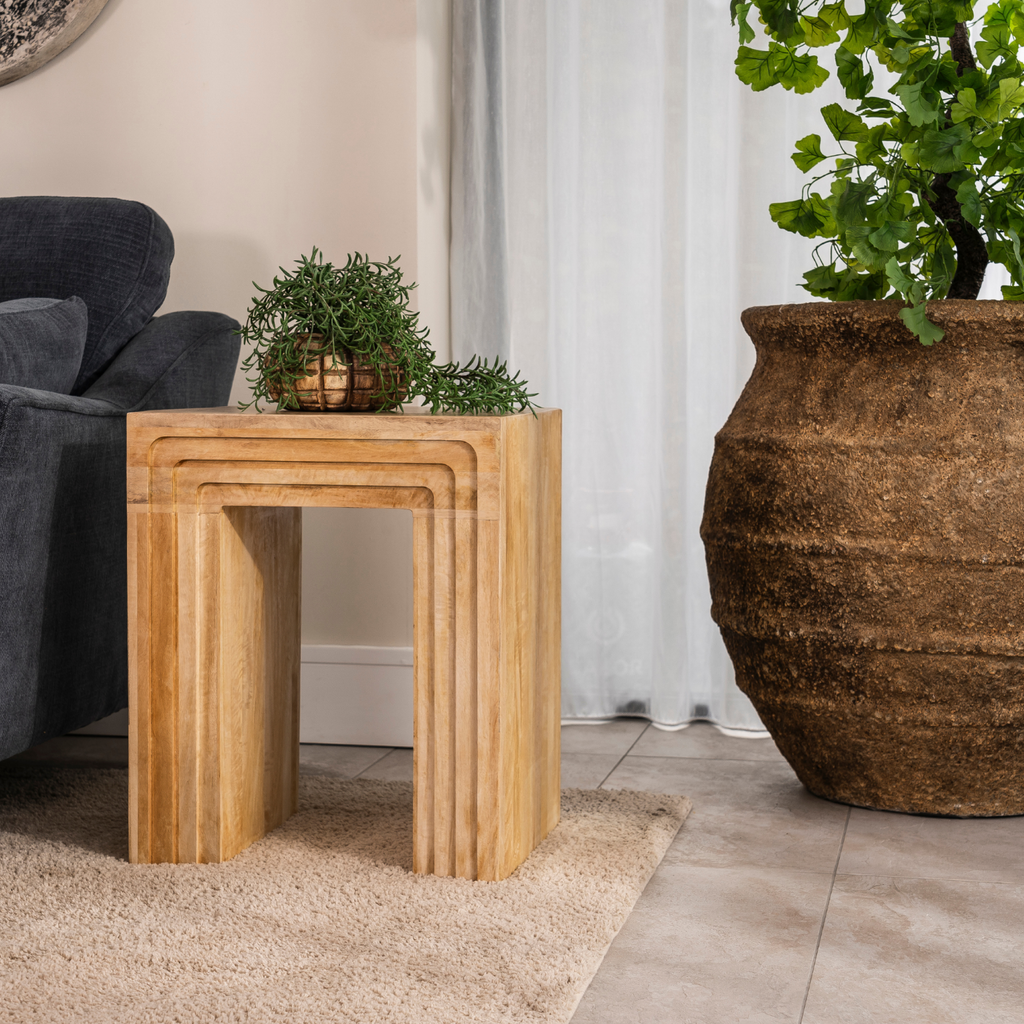 Natural Mango Wood Sculpted Lamp Table with Layered Block Design