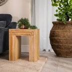 Natural Mango Wood Sculpted Lamp Table with Layered Block Design