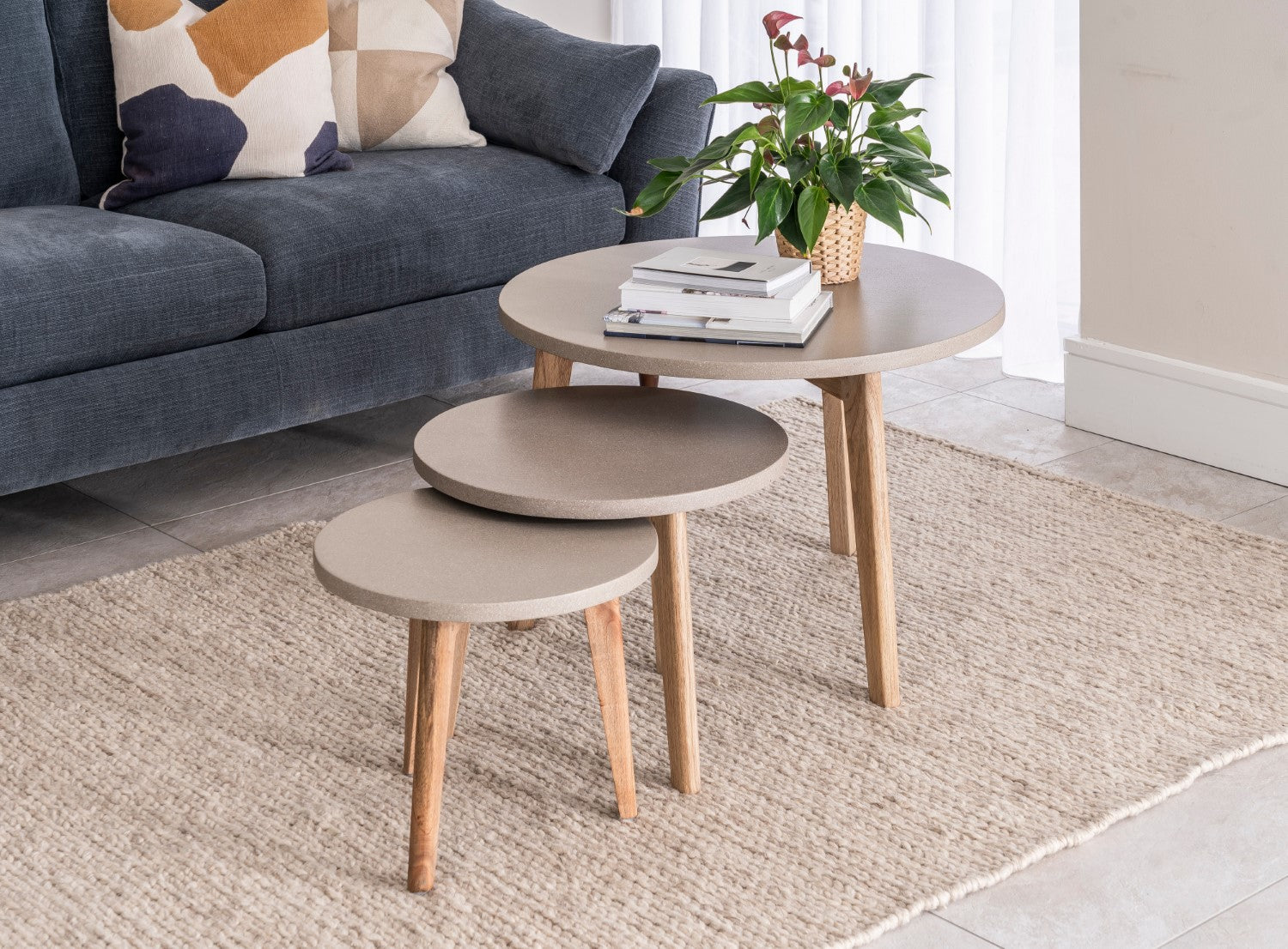 Natural Polymer Concrete Round Oatmeal Top Lamp Table with Mindi Wood Legs