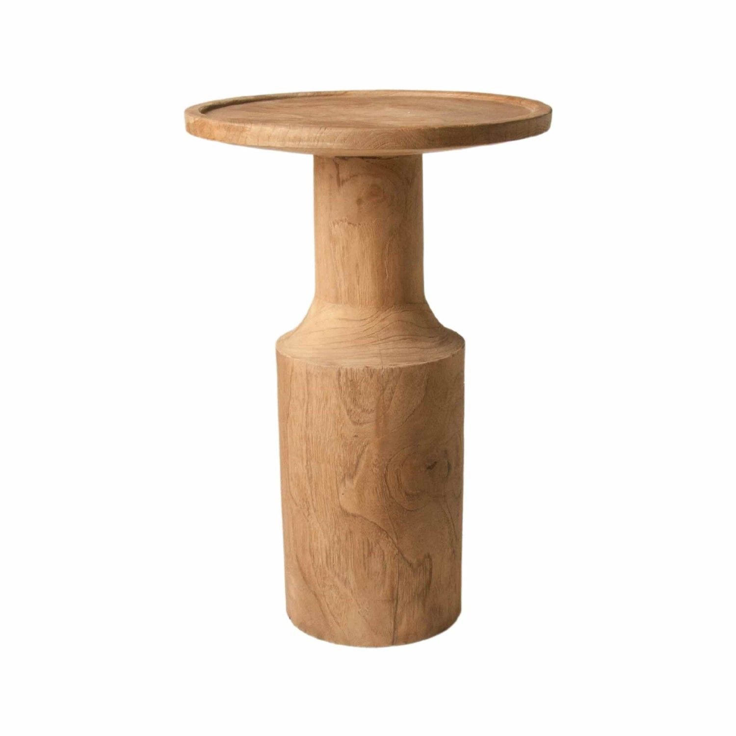 Natural Teak Wood High Side Table with Cylindrical Pedestal Base