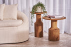 Natural Teak Wood Low Side Table with Rounded Pedestal Base - Home Furniture Interiors