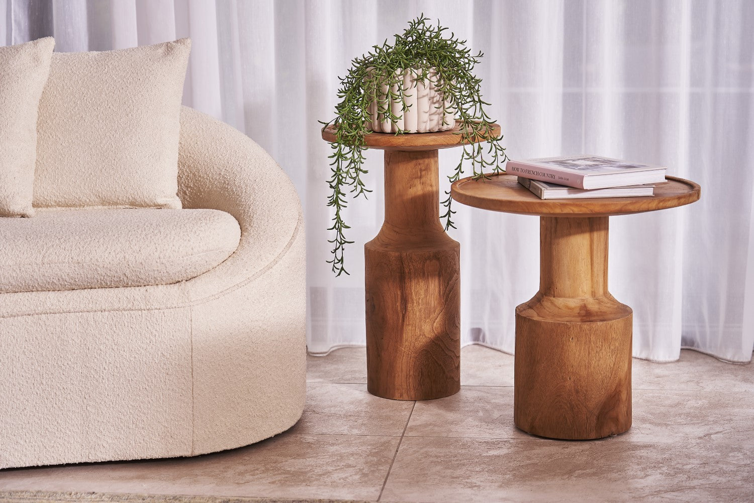 Natural Teak Wood Low Side Table with Rounded Pedestal Base - Home Furniture Interiors