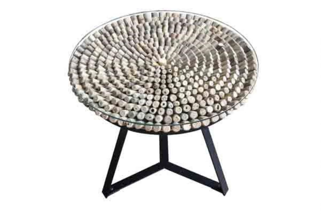 Round Driftwood and Glass Lamp Table with Black Steel Base - Home Furniture Interiors
