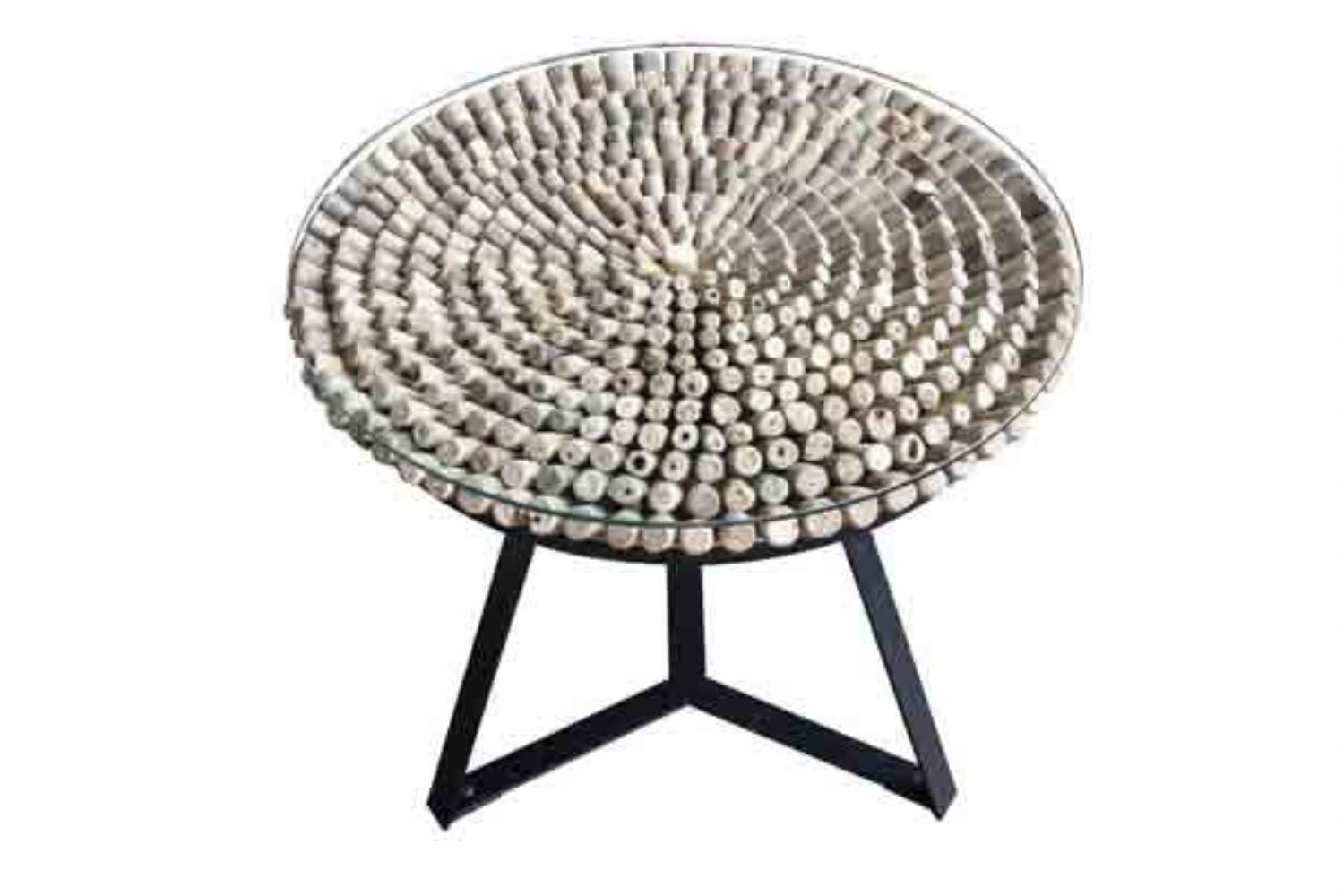 Round Driftwood and Glass Lamp Table with Black Steel Base - Home Furniture Interiors
