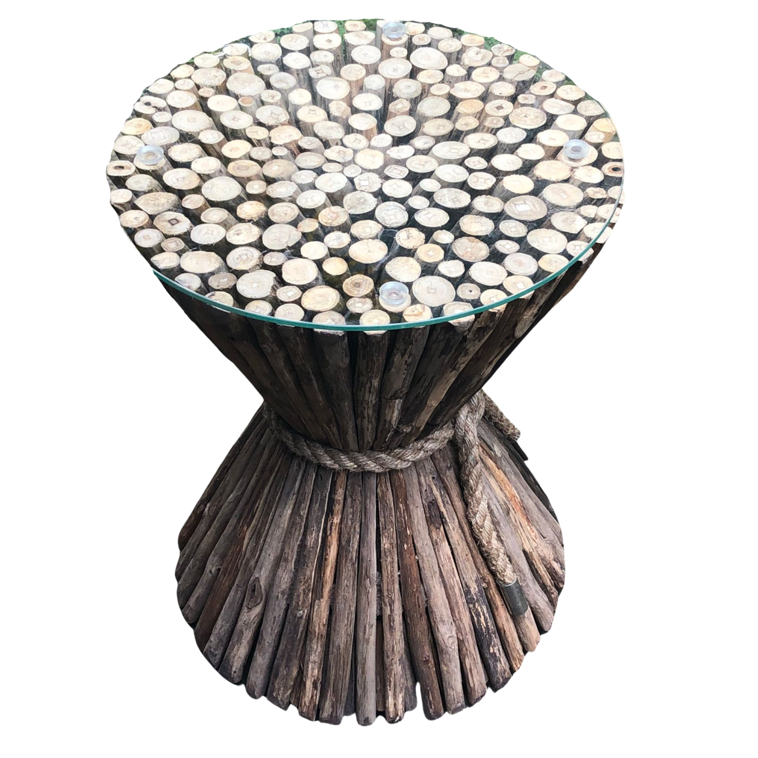 Rustic Driftwood and Clear Glass Top Round Side Table