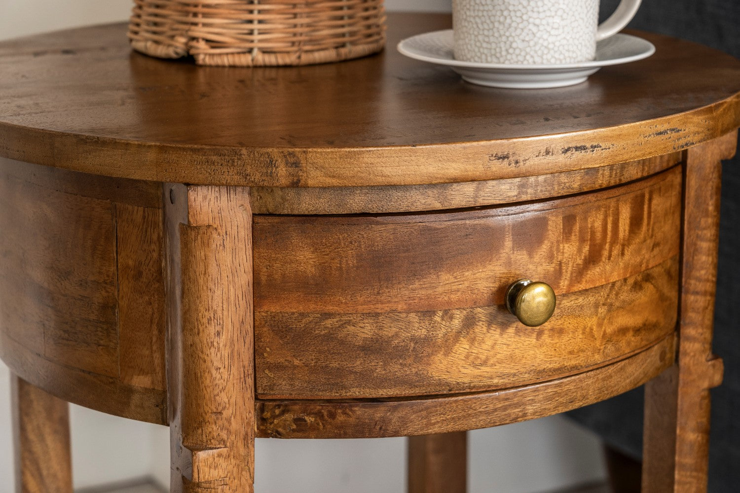 Rustic Round Mango Wood Side Table with Drawer and Rattan Shelf