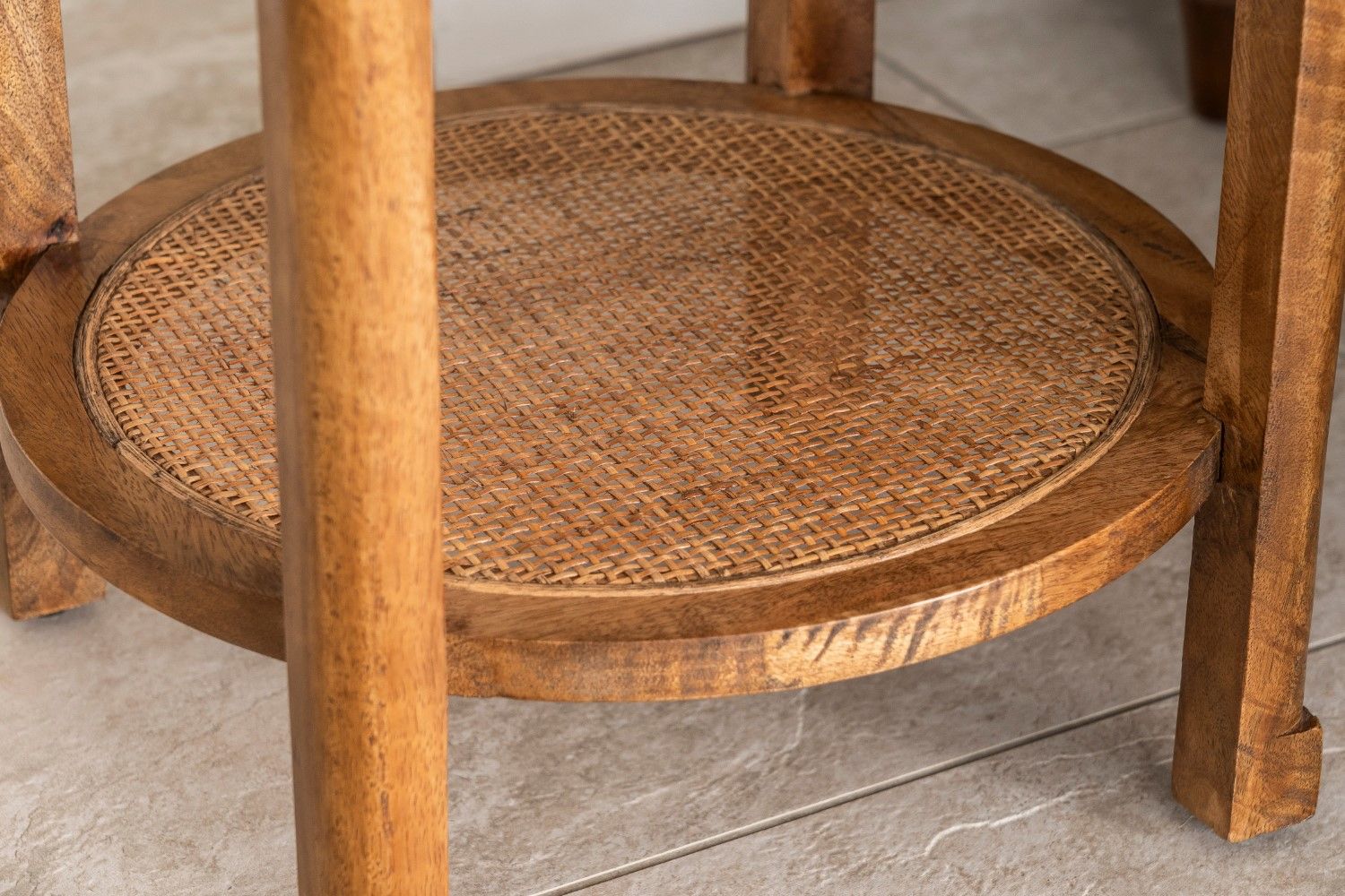 Rustic Round Mango Wood Side Table with Drawer and Rattan Shelf - Home Furniture Interiors