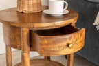 Rustic Round Mango Wood Side Table with Drawer and Rattan Shelf - Home Furniture Interiors