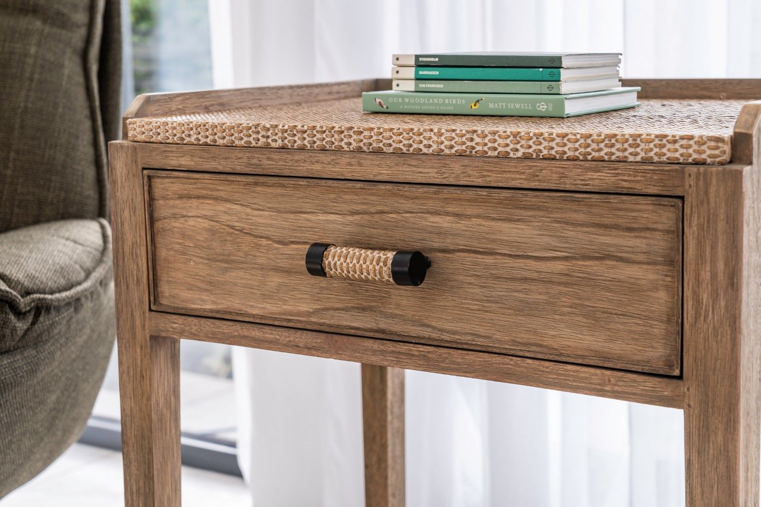 Lille Solid Wood Lamp Table with Raised Tray Top and Storage Drawer - Home Furniture Interiors