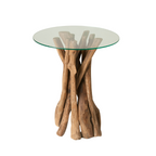 Rustic Teak Root Round Tempered Glass Top Tall Lamp Table
