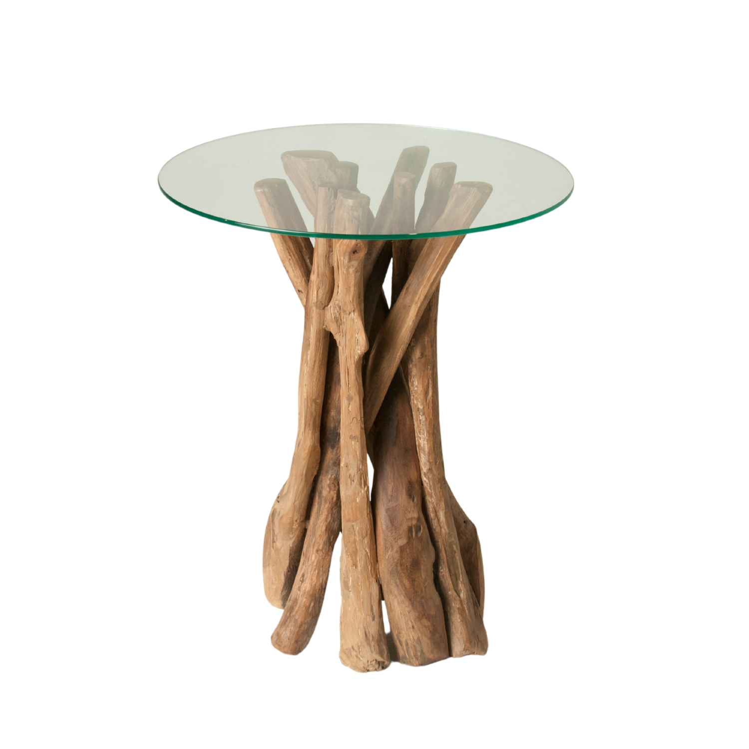 Rustic Teak Root Round Tempered Glass Top Tall Lamp Table
