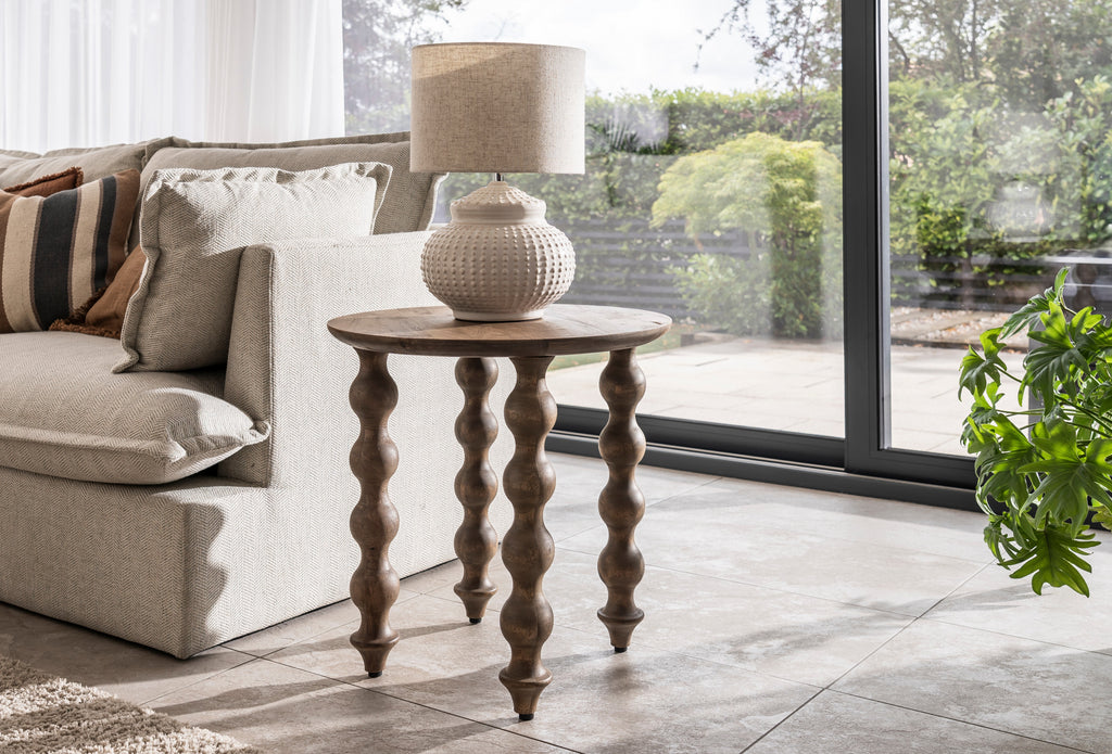 Rustic Grey Wood Round Side Table with Sculpted Spindle Legs
