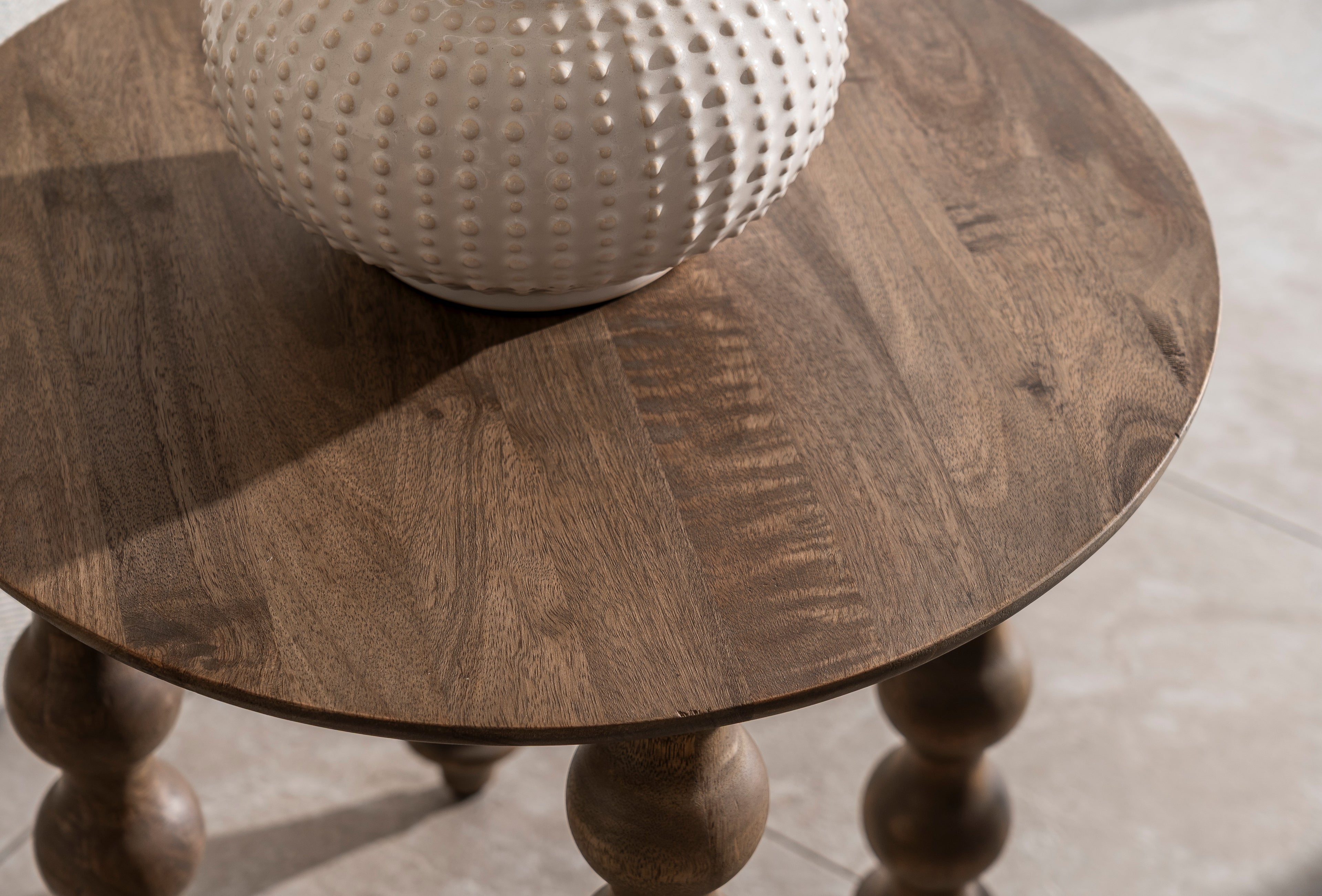 Rustic Grey Wood Round Side Table with Sculpted Spindle Legs - Home Furniture Interiors