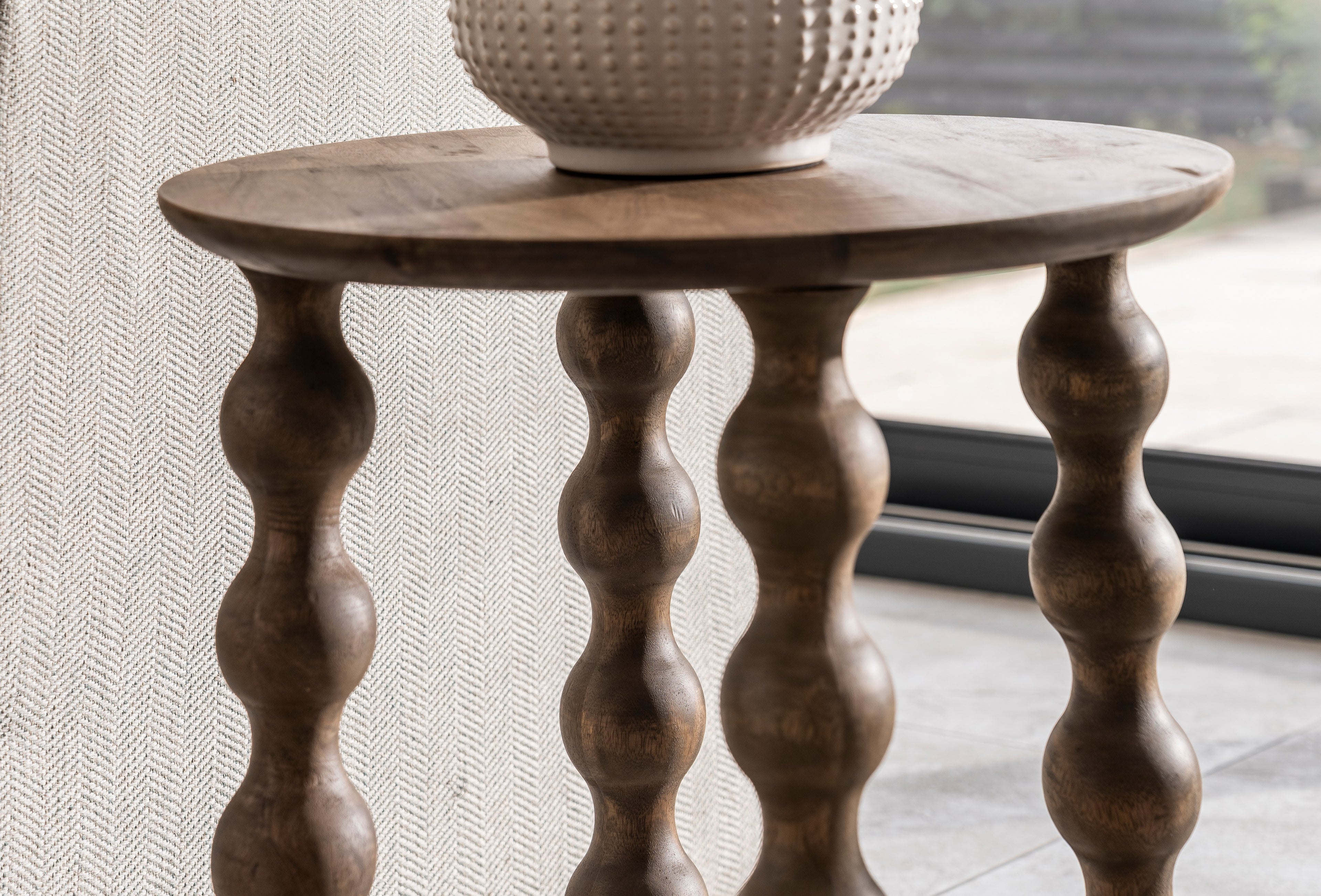 Rustic Grey Wood Round Side Table with Sculpted Spindle Legs - Home Furniture Interiors