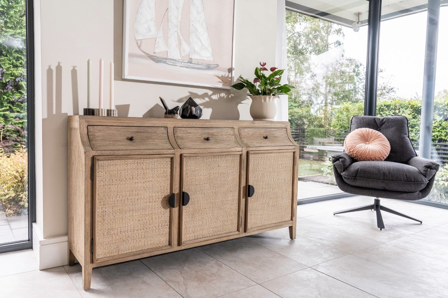 Large Rustic Oak Rattan 3 Door 3 Drawer Sideboard - Home Furniture Interiors
