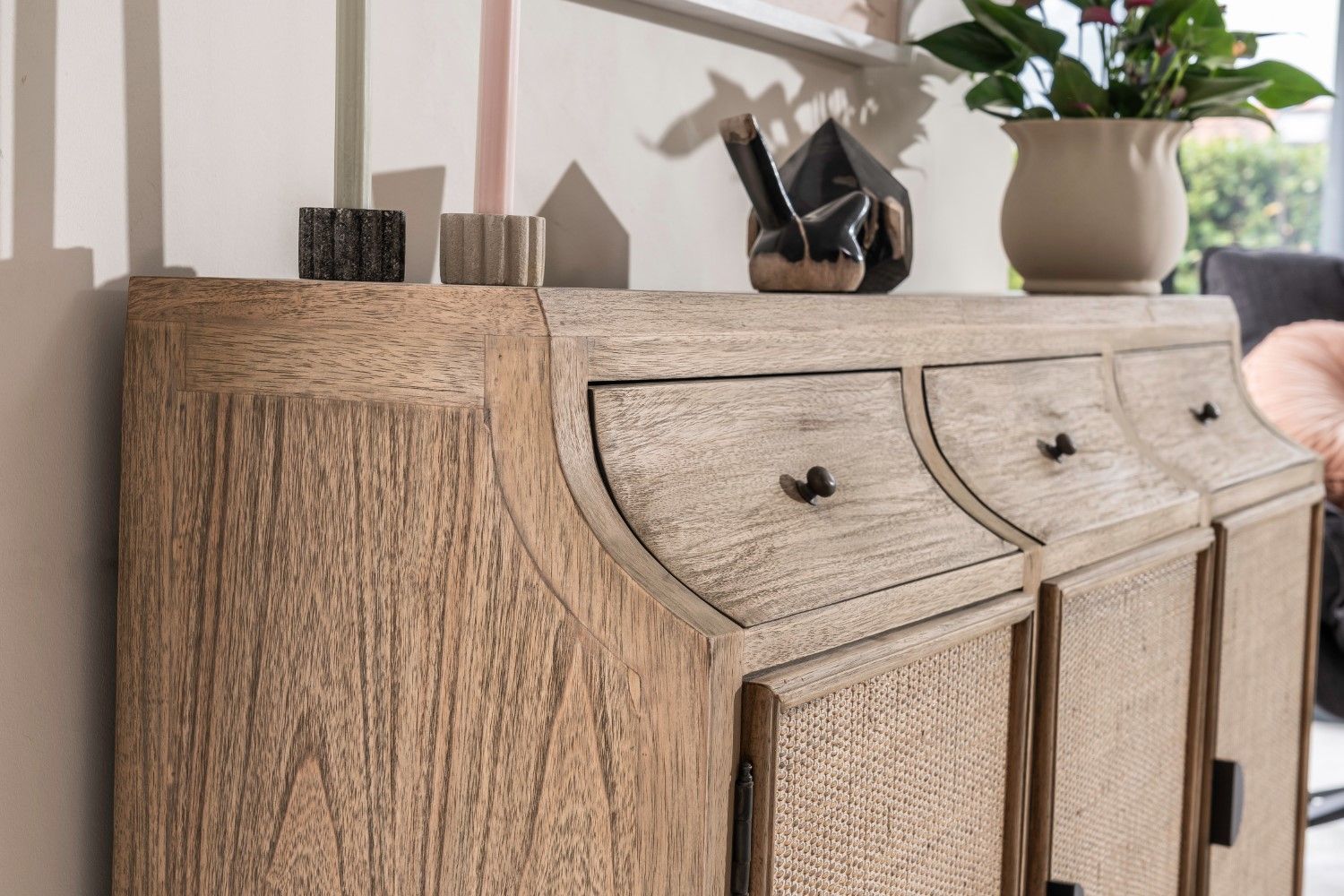 Large Rustic Oak Rattan 3 Door 3 Drawer Sideboard - Home Furniture Interiors