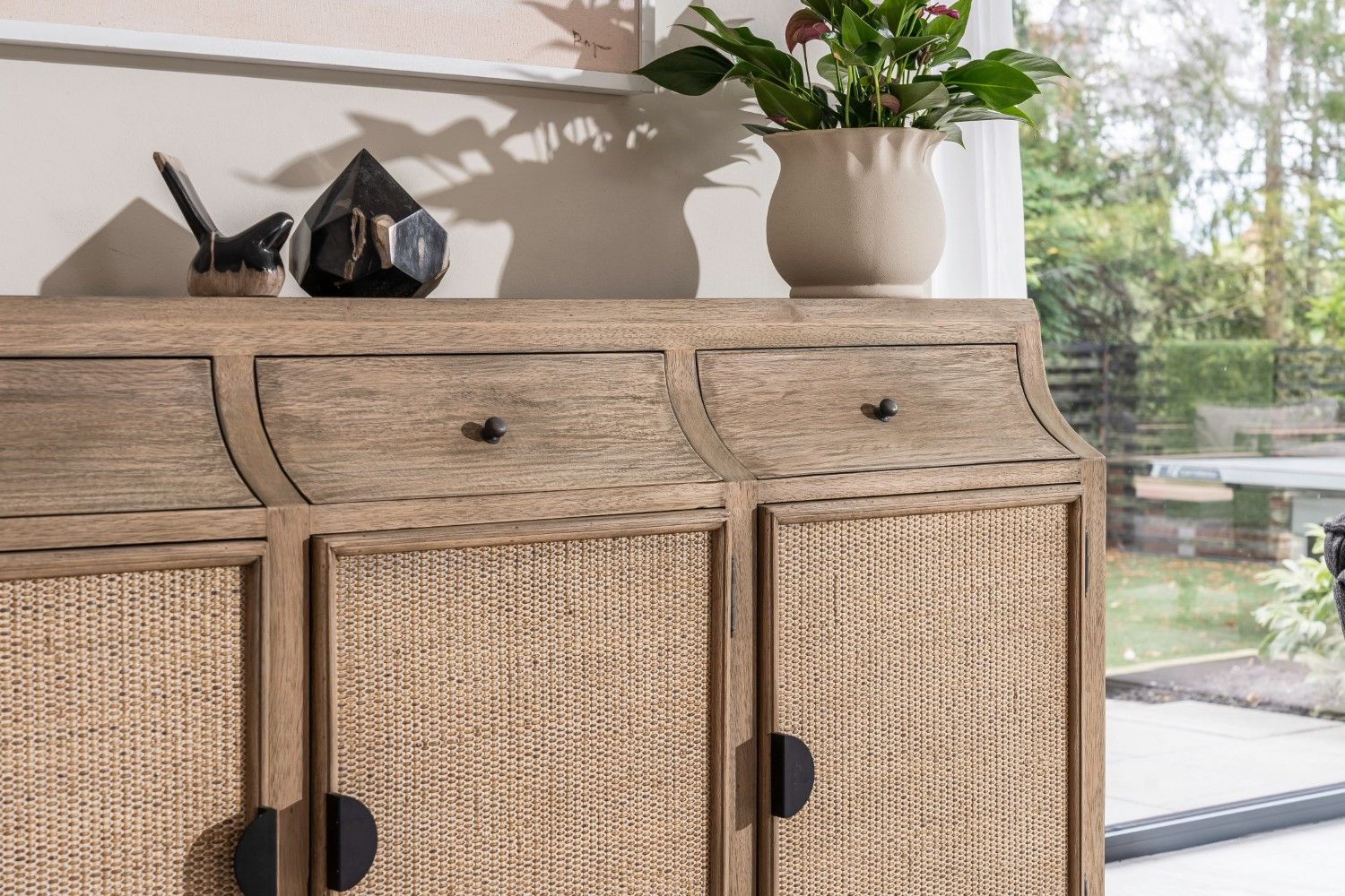 Large Rustic Oak Rattan 3 Door 3 Drawer Sideboard - Home Furniture Interiors