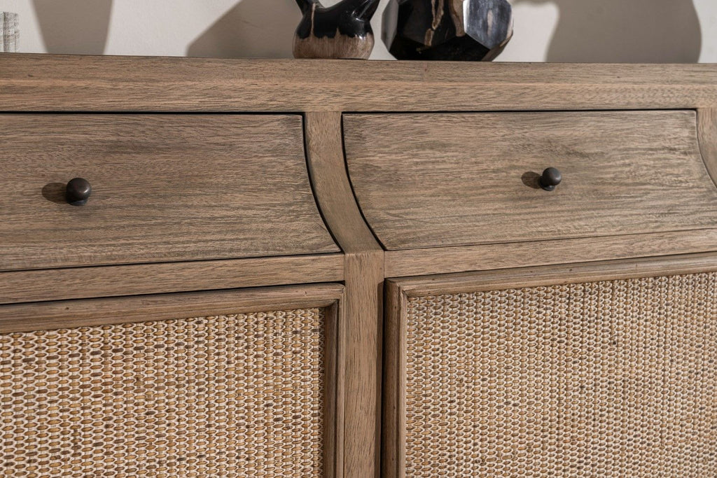 Large Rustic Oak Rattan 3 Door 3 Drawer Sideboard - Home Furniture Interiors