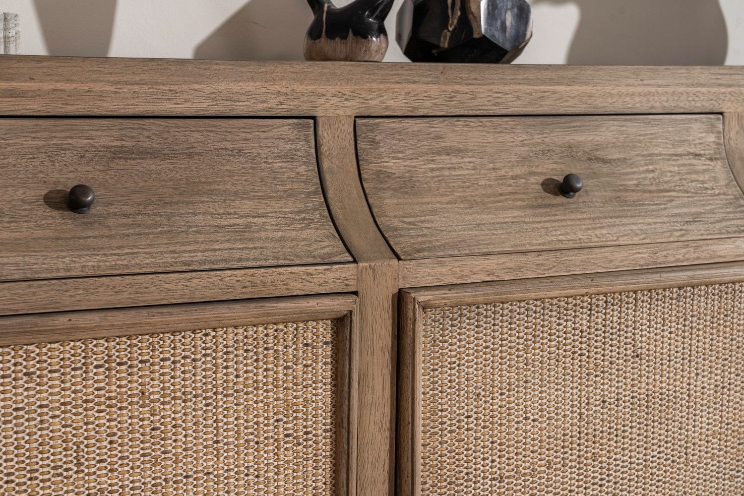 Large Rustic Oak Rattan 3 Door 3 Drawer Sideboard - Home Furniture Interiors