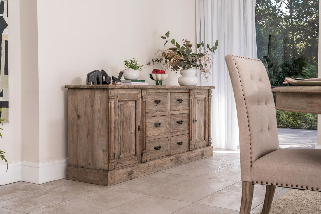 Rustic Grey Reclaimed Wood 6 Drawer Sideboard with 2 Storage Cabinets - Home Furniture Interiors