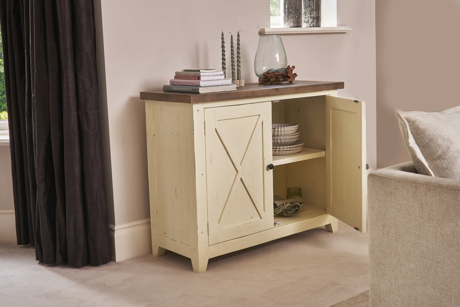 White Solid Pine 2 Door Sideboard with Distressed Matt Lacquer Finish - Home Furniture Interiors