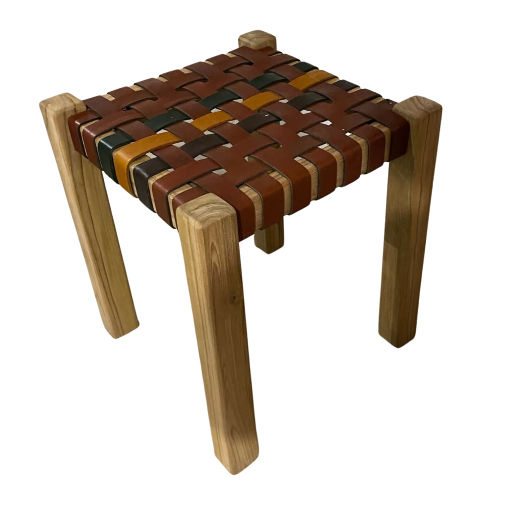 Artisan Natural Teak and Multitone Leather Striped Stool