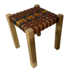 Artisan Natural Teak and Multitone Leather Striped Stool