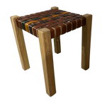 Artisan Natural Teak and Multitone Leather Striped Stool - Home Furniture Interiors