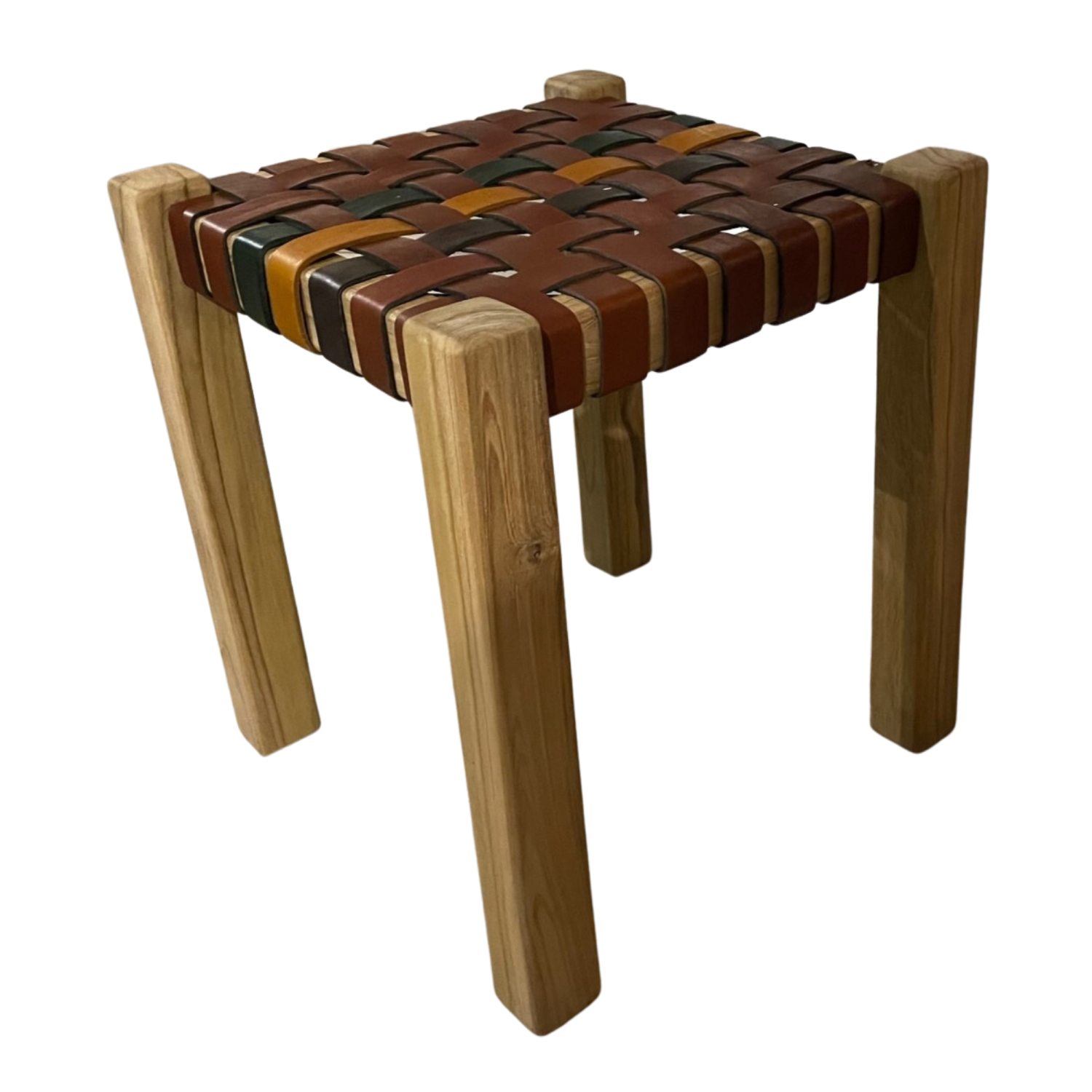 Artisan Natural Teak and Multitone Leather Striped Stool - Home Furniture Interiors
